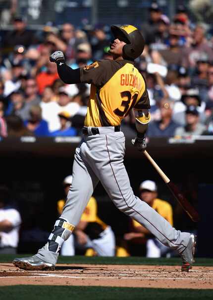 Ronald Guzman  of the World Team bats during the SiriusXM All-Star Futures Game at PETCO...