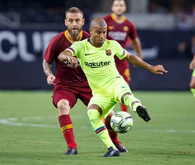 ARLINGTON, TX - JULY 31: Barcelona midfielder Rafael Alcantara "Rafinha" (#12) passes the...