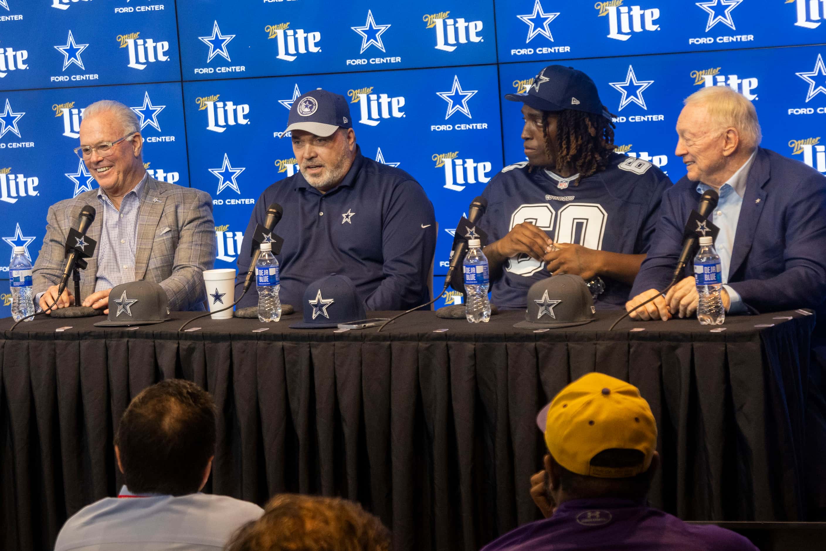 From left, Dallas Cowboys executive vice president Stephen Jones, head coach Mike McCarthy,...