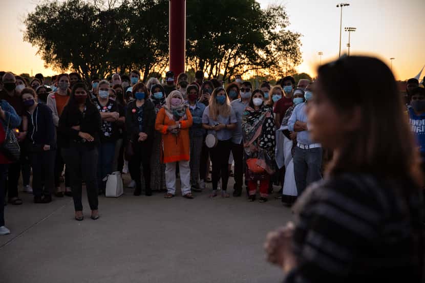Nahida Ali speaks at a candlelight vigil held at Celebration Park in Allen, Texas, on April...