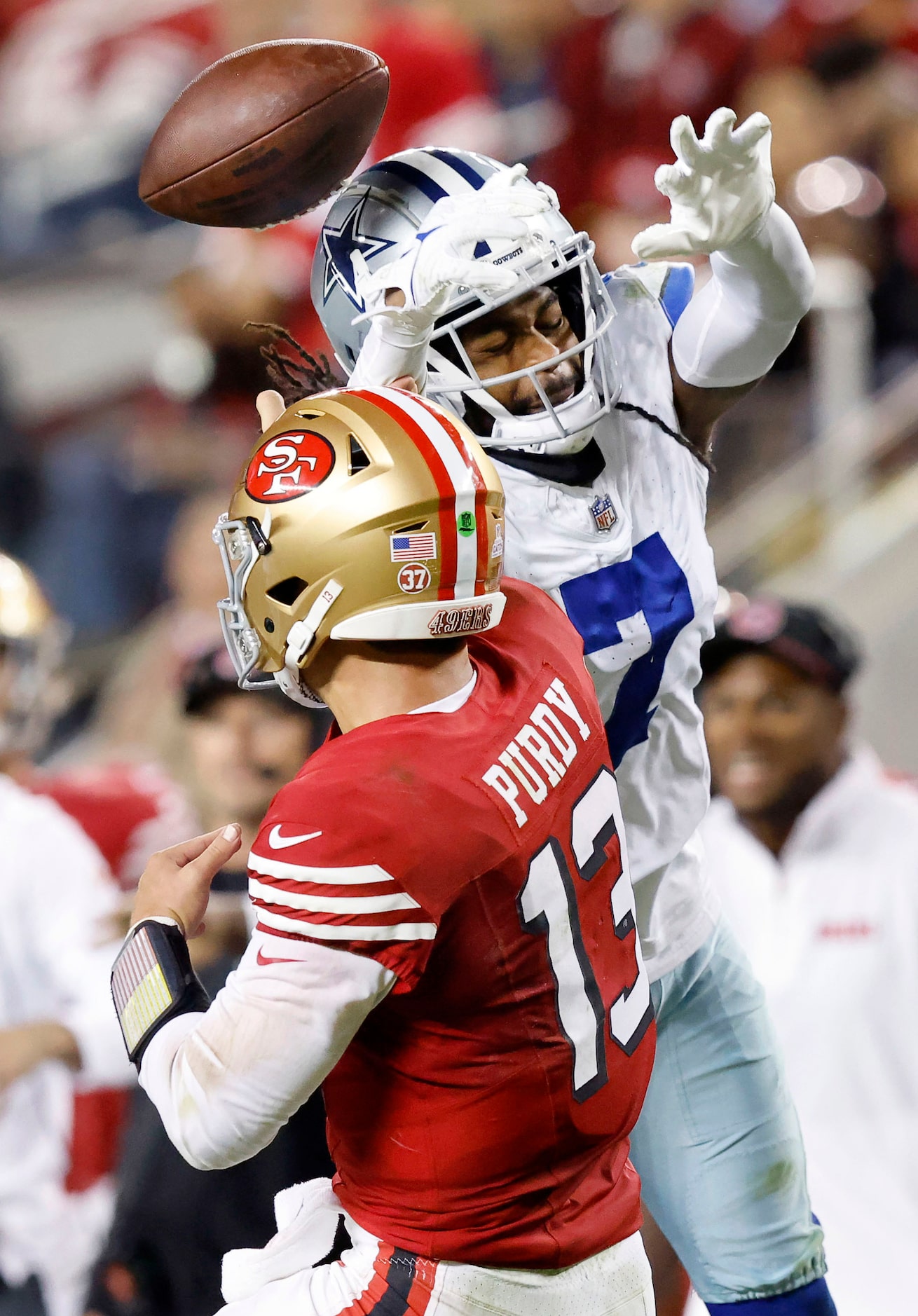 Dallas Cowboys cornerback Trevon Diggs (7) blocks a pass thrown by San Francisco 49ers...