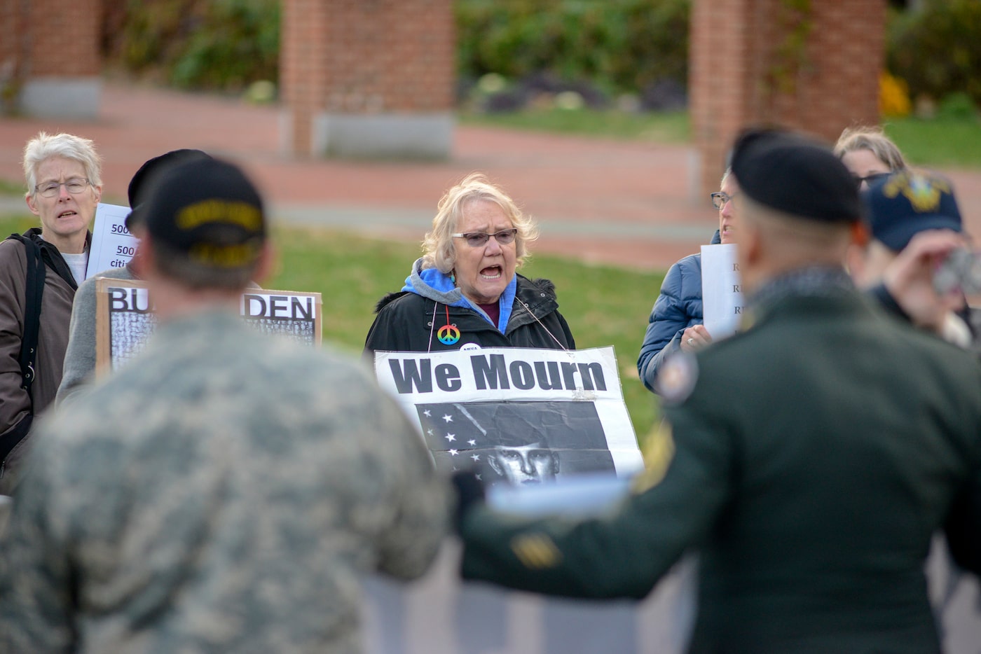 Anti-war protesters demonstrate outside the The National Constitution Center before a...