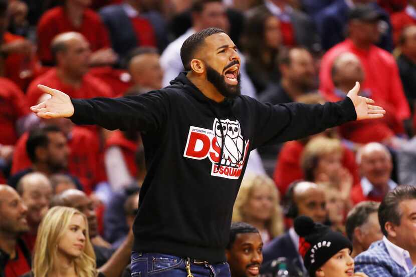 Rapper Drake reacts during game four of the NBA Eastern Conference Finals between the...