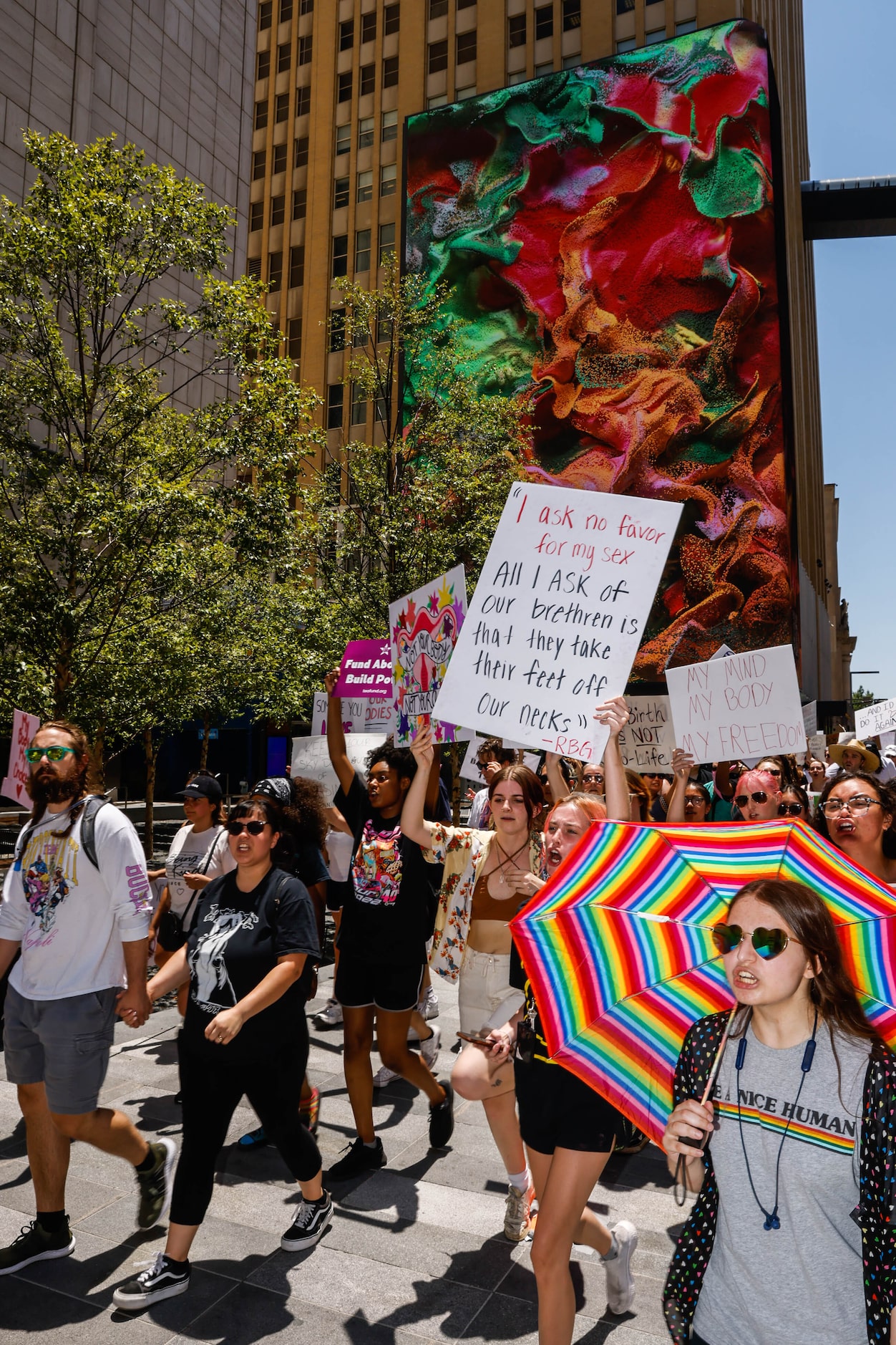 Abortion rights supporters march in downtown Dallas on Wednesday, June 29, 2022.