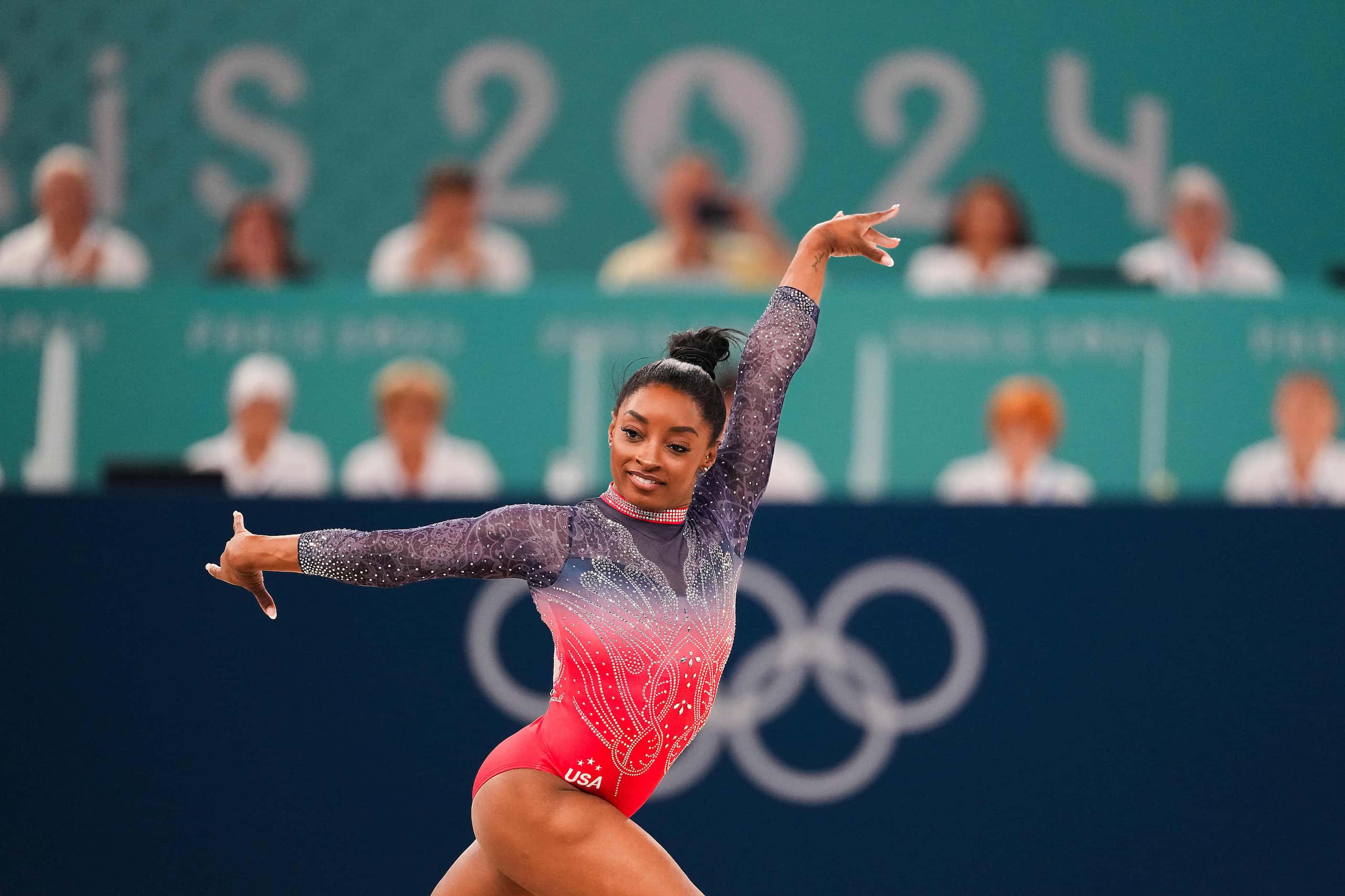 Silver medalist Simone Biles of the United States competes in the women’s floor exercise...