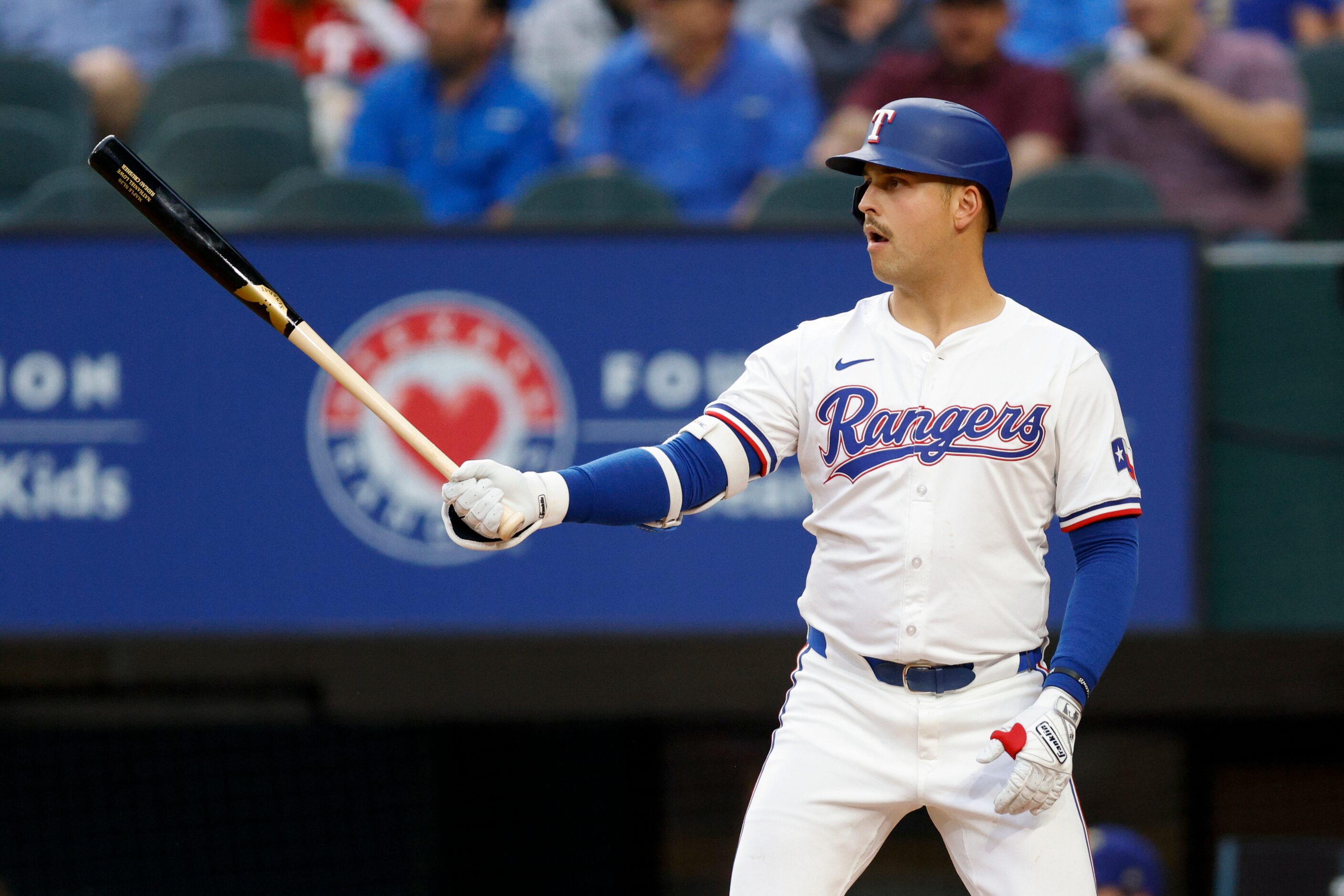 Texas Rangers first baseman Nathaniel Lowe (30) stands in the batter’s box during the second...