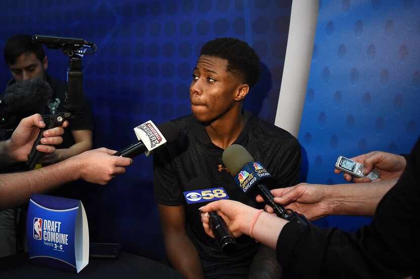 CHICAGO, IL - MAY 17:  Kostas Antetokounmpo speaks with reporters during Day One of the NBA...