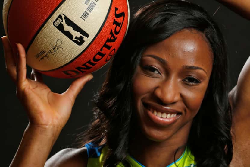 Evelyn Akhator poses for a portrait during Dallas Wings media day College Park Center in...