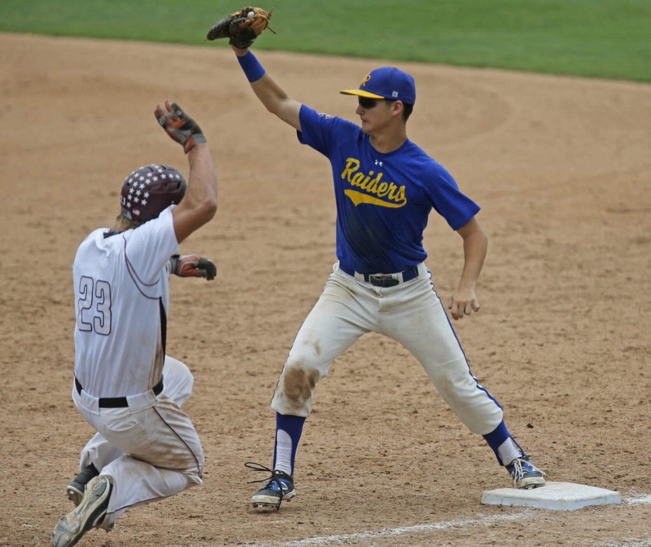 Sunnyvale first baseman Jake Wilcox makes the putout at first base as Troy's Kyle Whitley is...