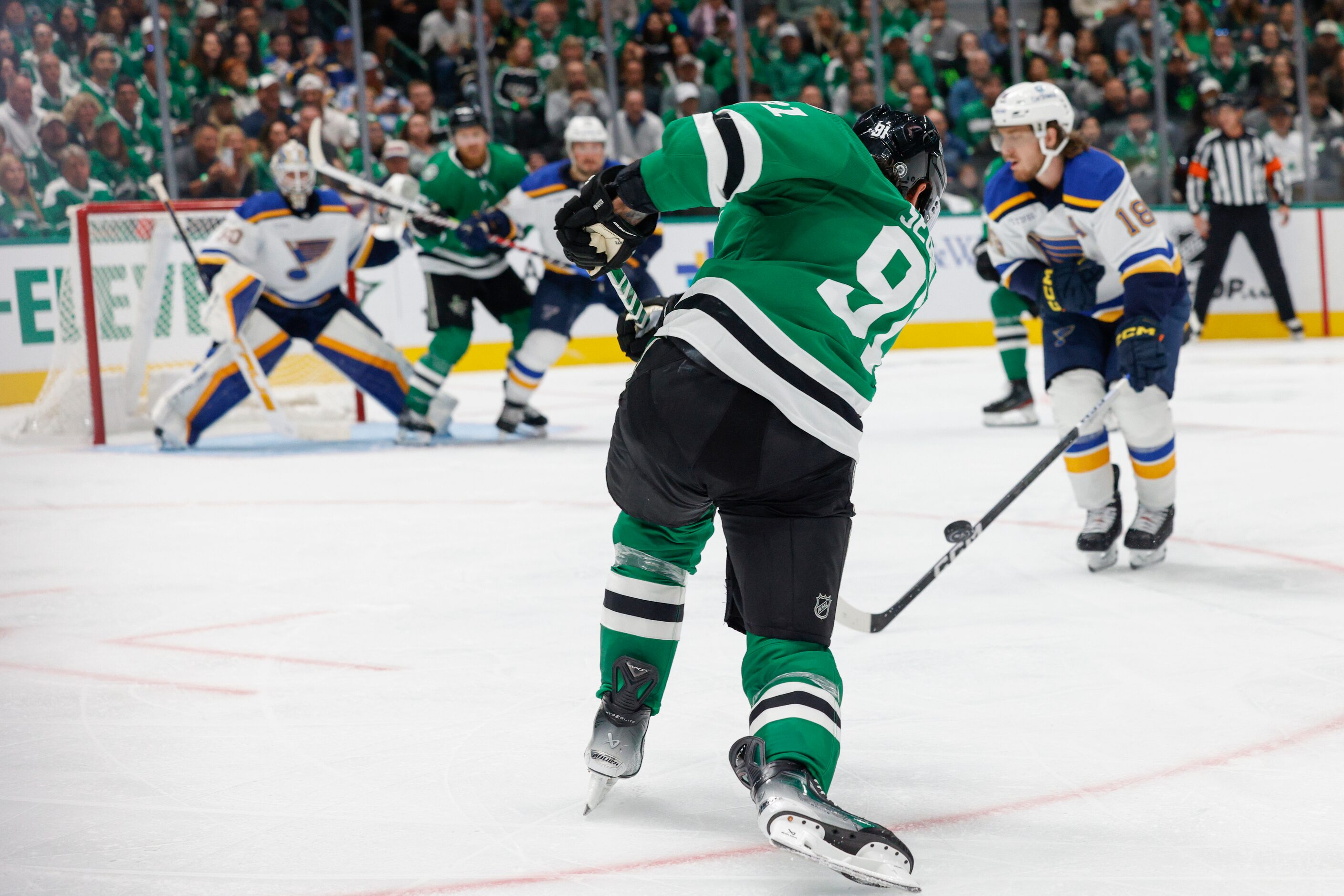 Dallas Stars center Tyler Seguin (91) shoots towards goal during the second period of the...