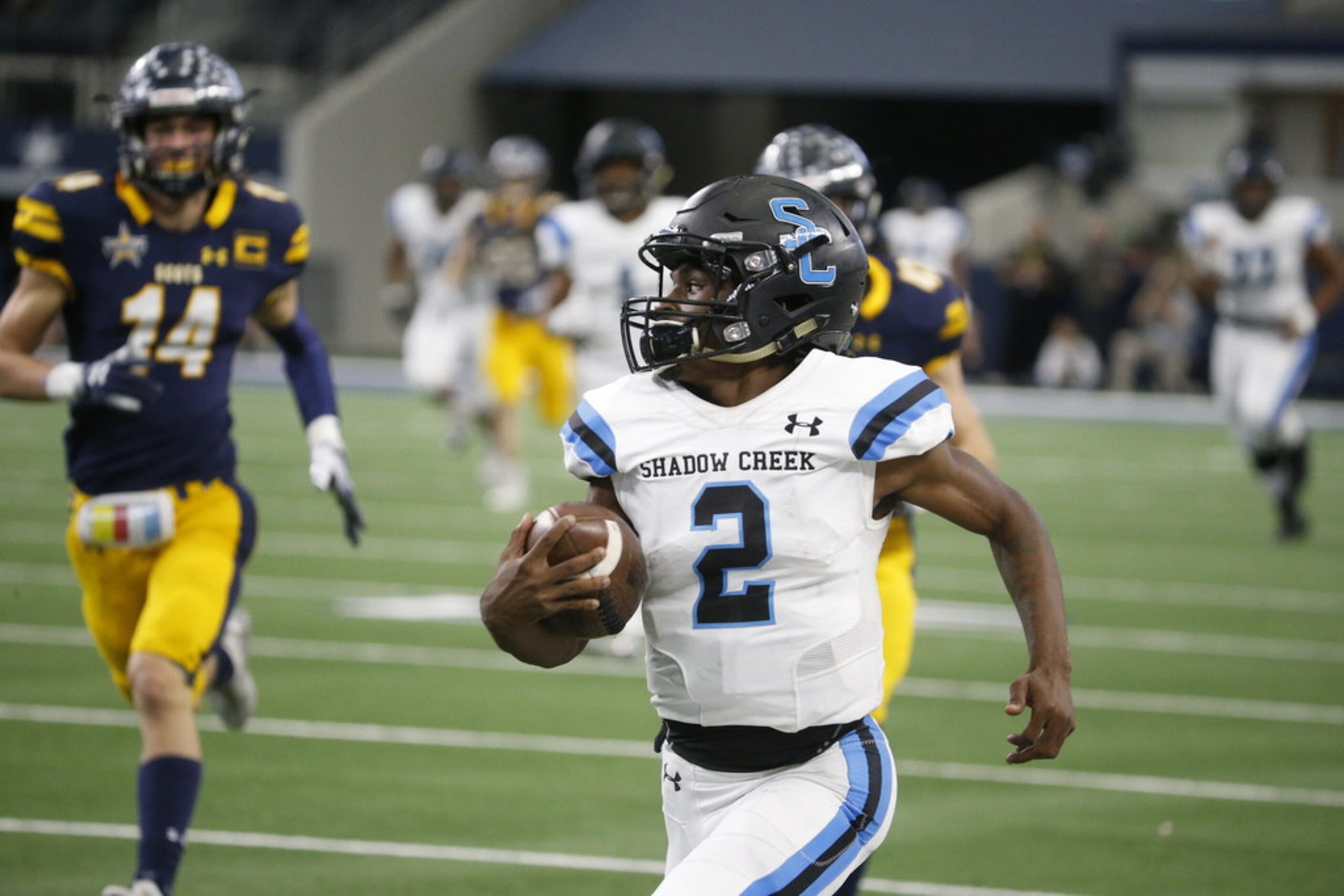 Shadow Creek's quarterback Jamarian George (2) makes a 99 yard touchdown against Highland...