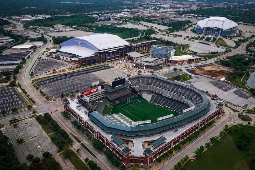 Aerial view of Globe Life Field (top left), AT&T Stadium (top right) and Globe Life Park...