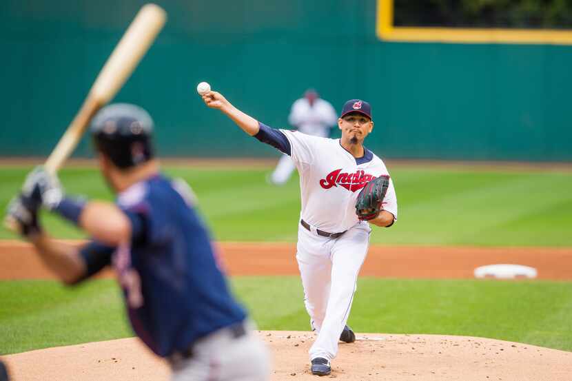 CLEVELAND, OH - SEPTEMBER 30: Starting pitcher Carlos Carrasco #59 of the Cleveland Indians...