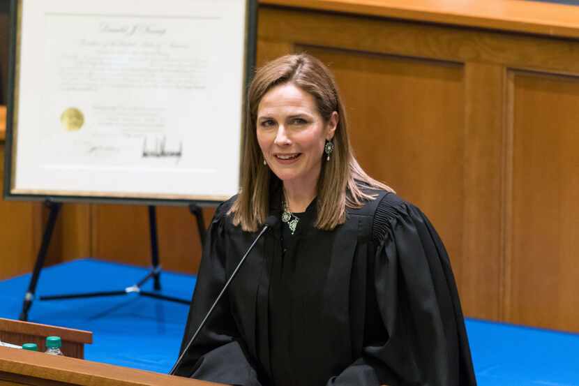 Amy Coney Barrett speaks during a ceremony for her investiture as a judge for the U.S. Court...