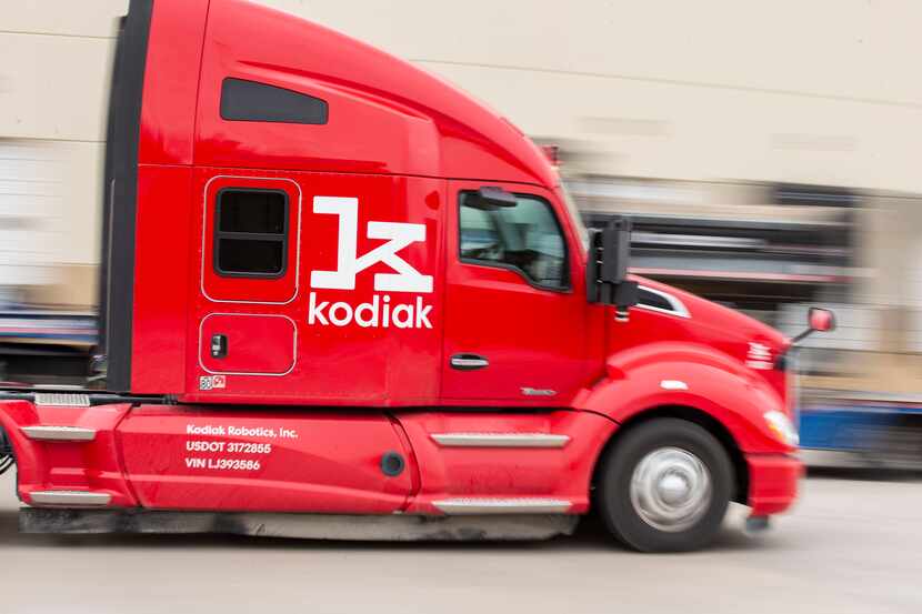 A Kodiak Robotics self-driving semi-truck completes a demonstration at the company’s...