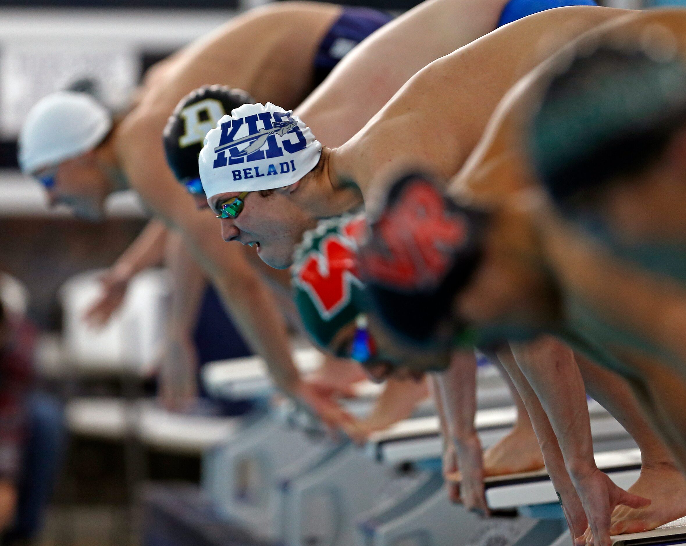 Keller's Noah Beladi takes off in boys 100 yard breastroke. UIL boys 6A swim finals on...