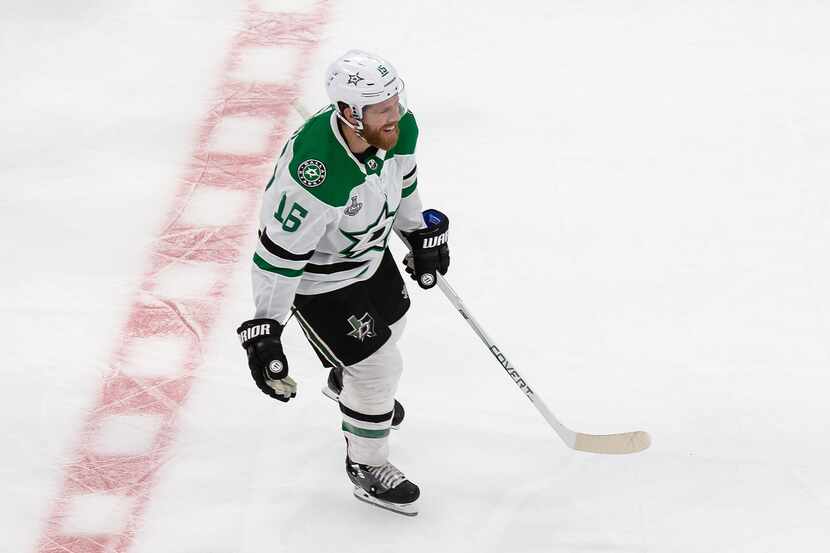 Joe Pavelski (16) of the Dallas Stars reacts to the game winning goal against the Tampa Bay...