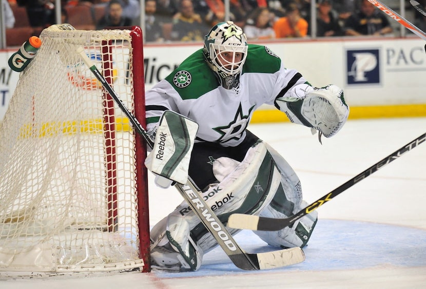 April 8, 2015; Anaheim, CA, USA; Dallas Stars goalie Jhonas Enroth (1) defends the goal...