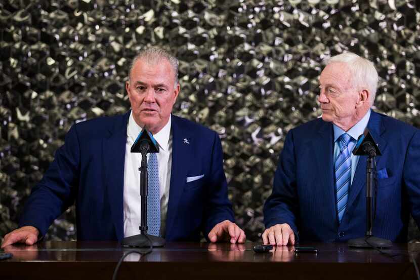 FILE - Dallas Cowboys CEO and Executive Vice President Stephen Jones, left, and Owner Jerry...