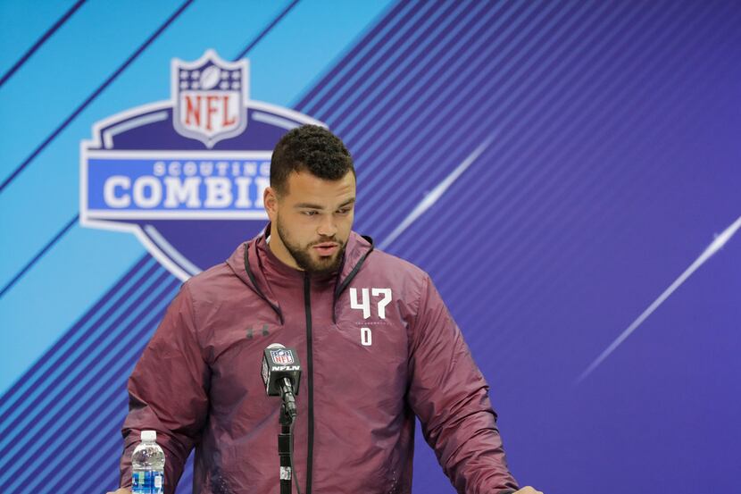 Texas offensive lineman Connor Williams speaks during a press conference at the NFL football...