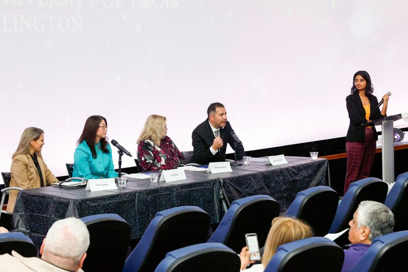 UTA faculty members Erin Carlson (from left), Yue Deng, Kimberly Breuer and planetarium...