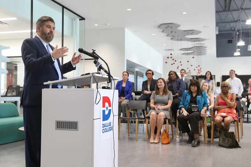 Dallas College Chancellor Justin Lonon speaks at a press conference on Thursday at BioLabs,...