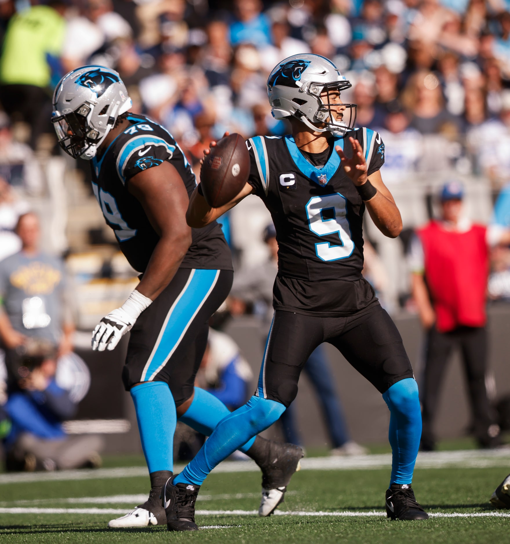 Carolina Panthers quarterback Bryce Young (9) prepares to pass during the second quarter of...