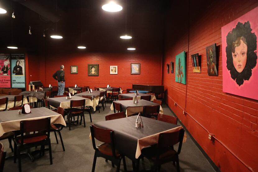 The dining area is in the lobby at Stage West Theatre.