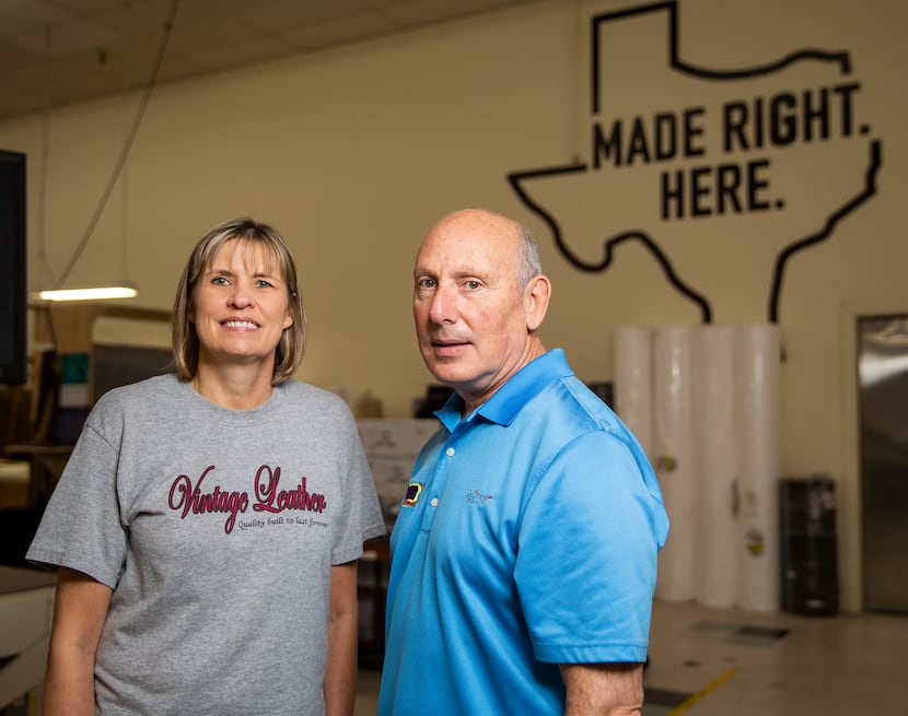 Owners DeAnn Lurie (left) and Mitch Lurie posed at the Leather Sofa Co. factory on March 27,...