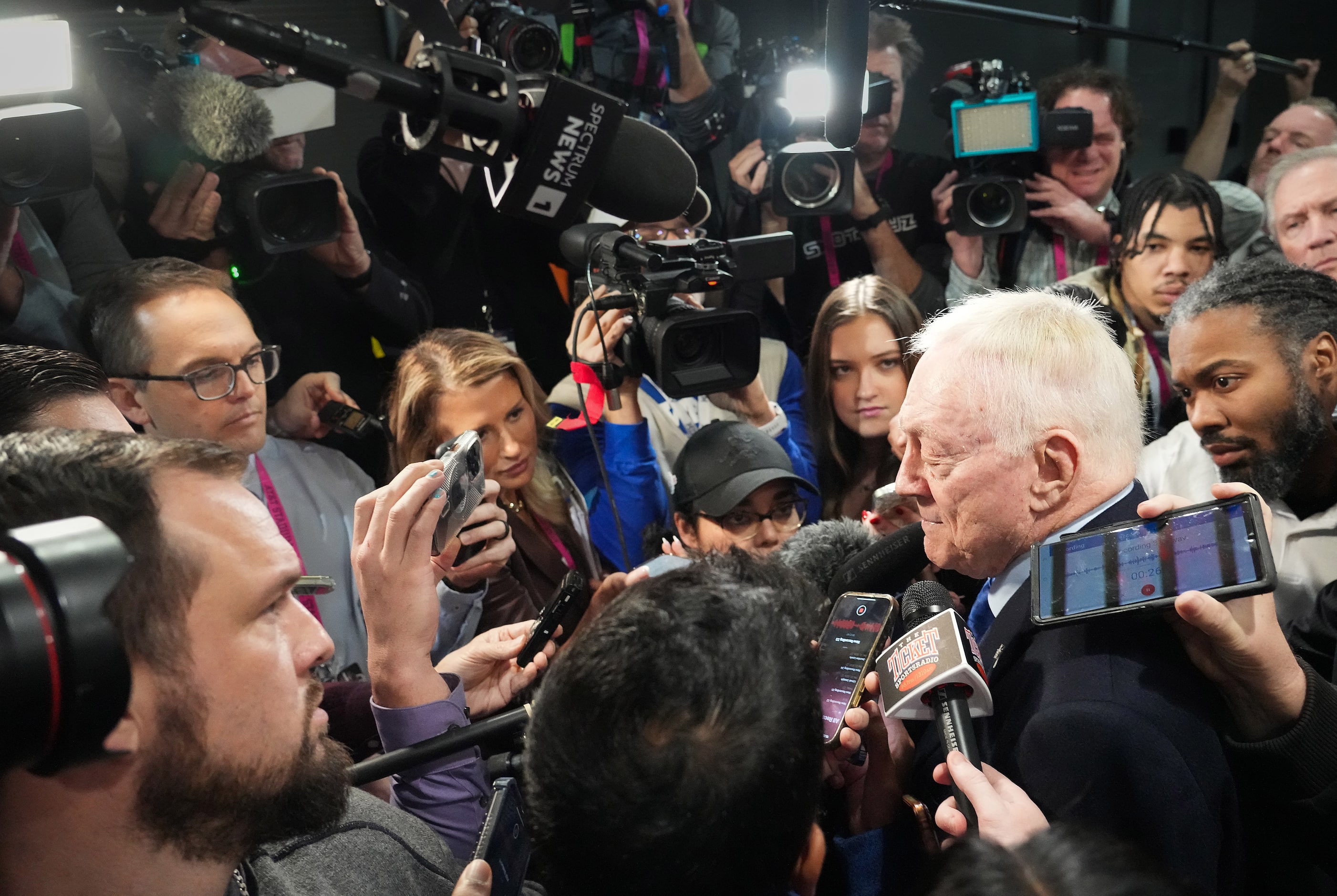 Dallas Cowboys owner and general manager Jerry Jones addresses reporters after a loss to the...