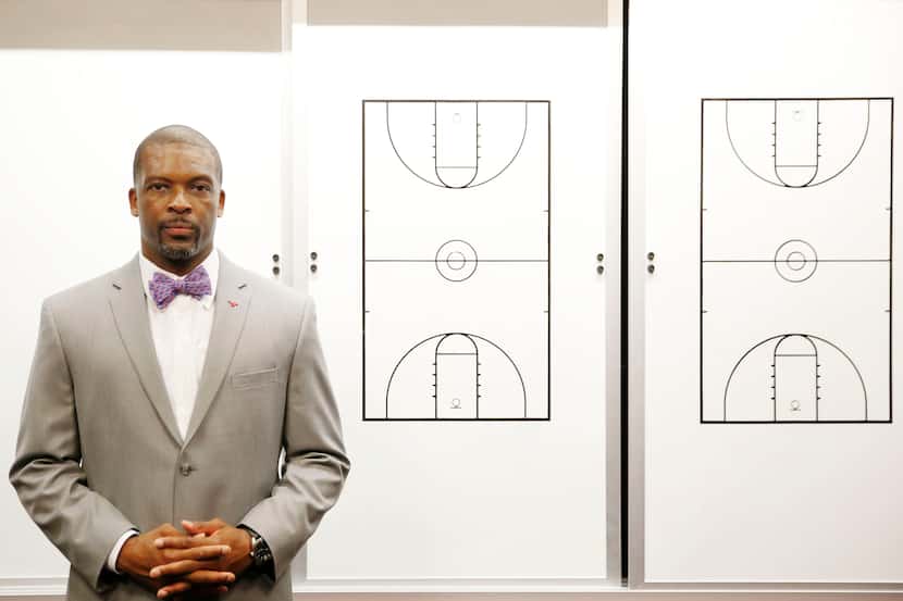 Travis Mays stands for a portrait after being introduced as head coach of the women's...