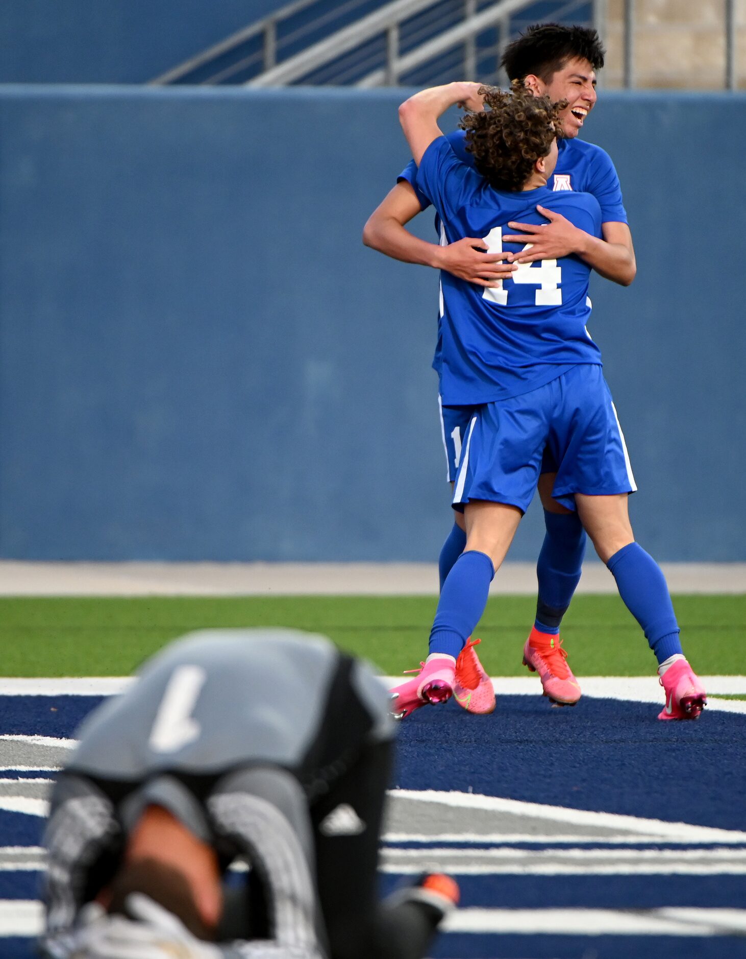 Allen’s Bryan Vallejo and Matthew Sanchez (14) celebrate Vallejo’s goal in the second half...