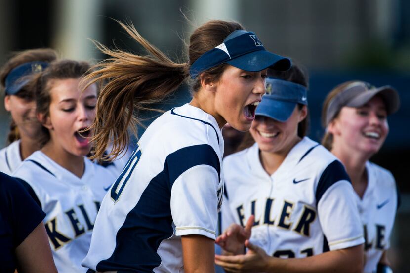 Keller's Hanna Jones (20) celebrates a 4-3 win over Keller Timber Creek on Tuesday, April...