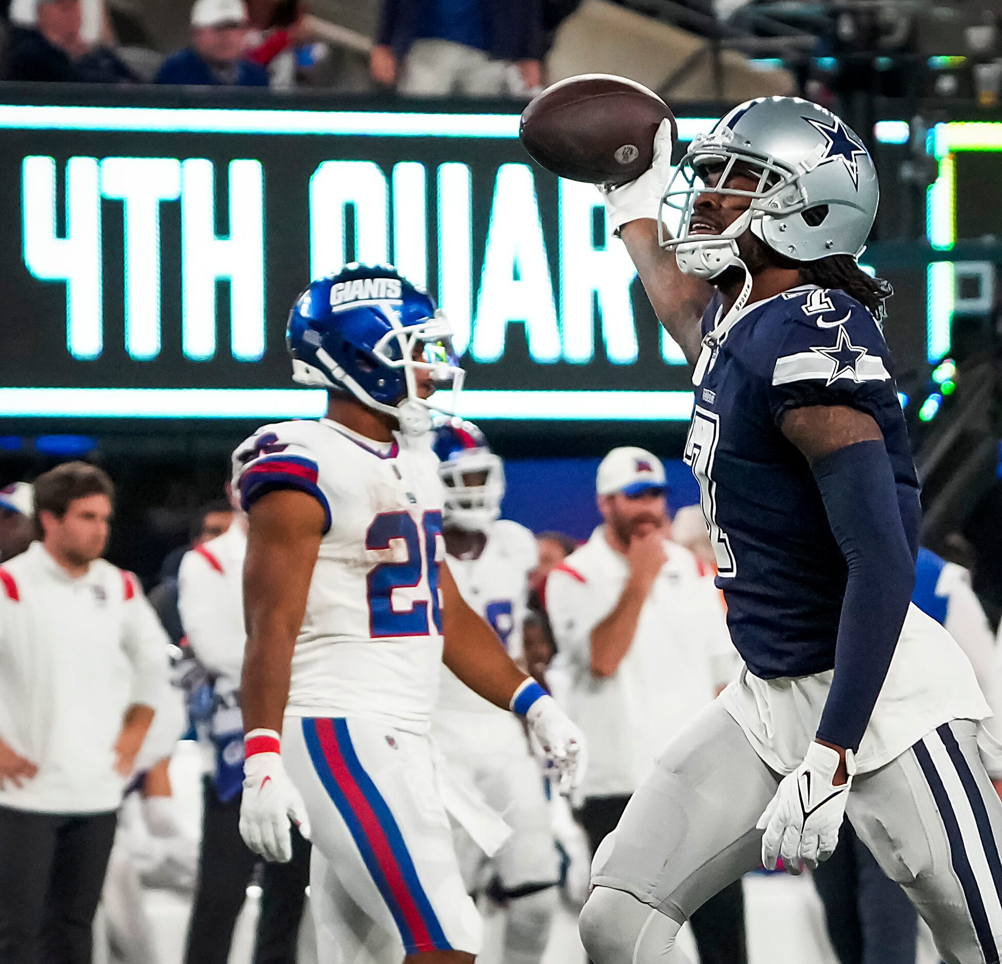 Dallas Cowboys cornerback Trevon Diggs (7) celebrates after intercepting a pass by New York...