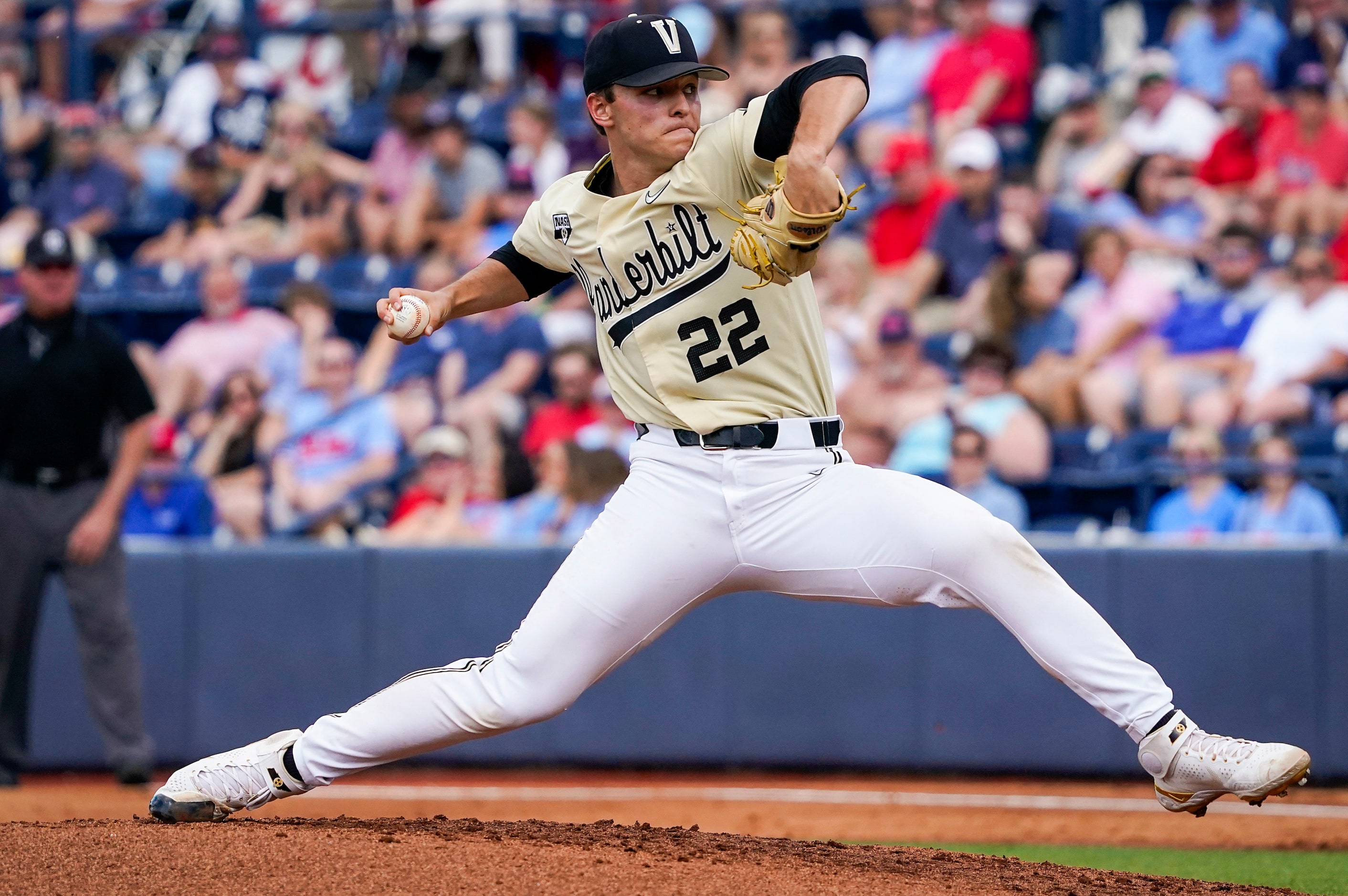 Vanderbilt pitcher Jack Leiter delivers during an NCAA baseball game against Mississippi at...