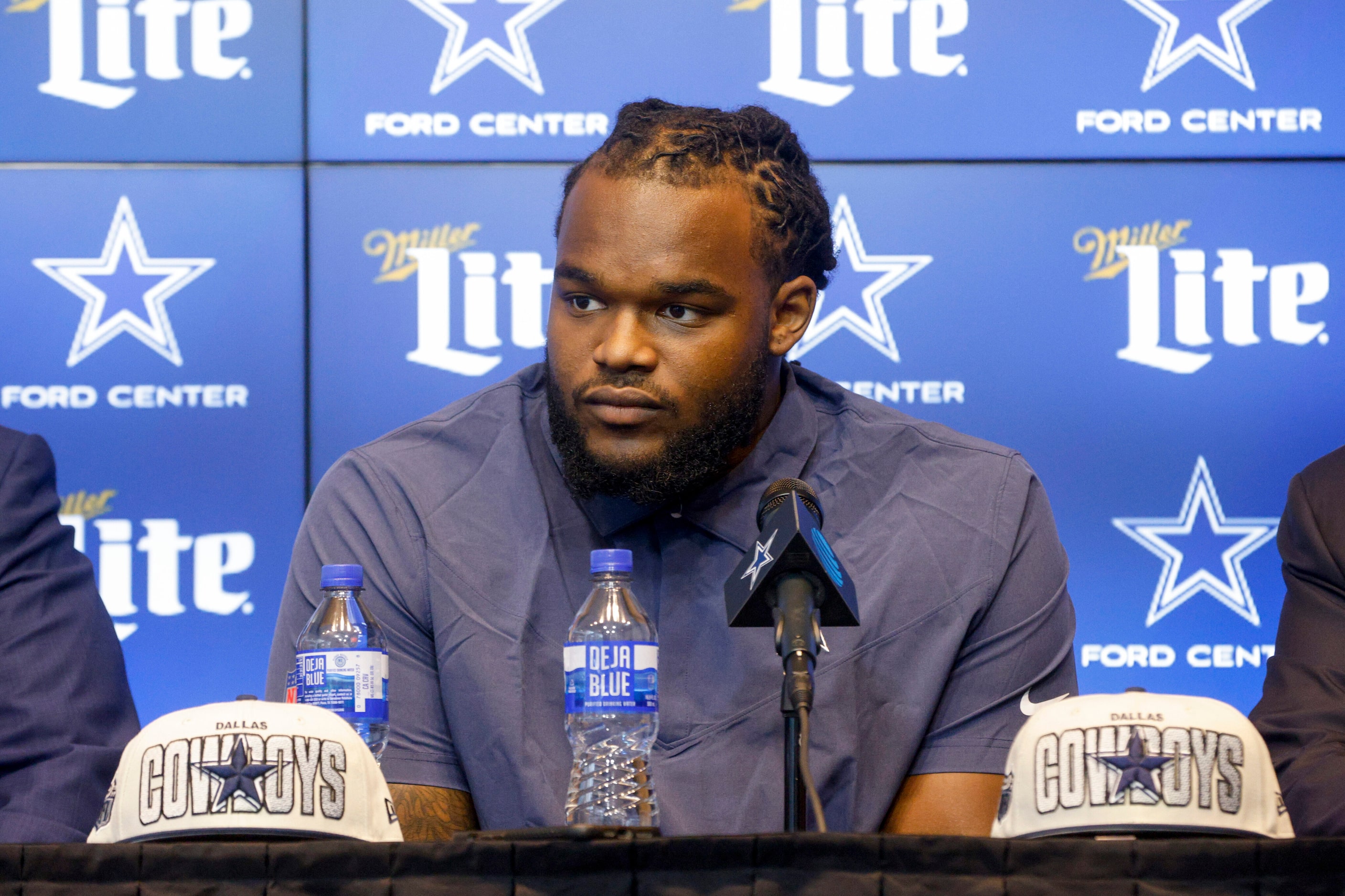 Dallas Cowboys rookie defensive tackle Mazi Smith listens to a question during an...