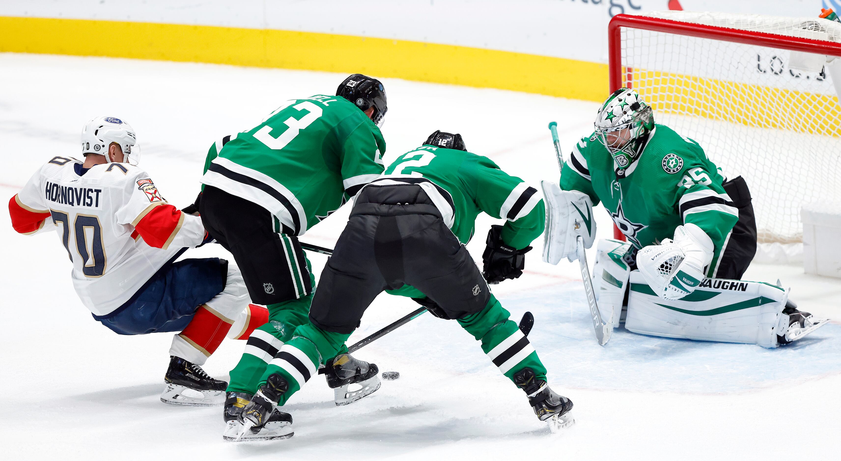 Florida Panthers right wing Patric Hornqvist (70) falls as he tries to score on Dallas Stars...
