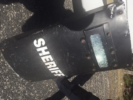 A ballistic shield used early Wednesday morning during the standoff.