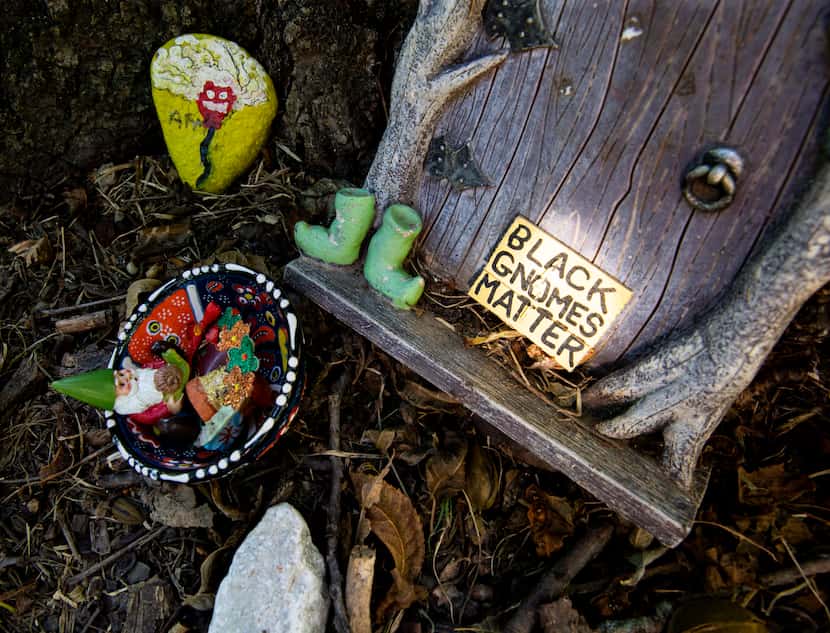 Garden gnomes with a "Black Gnomes Matter" sign placed along Coombs Creek Trail in the...