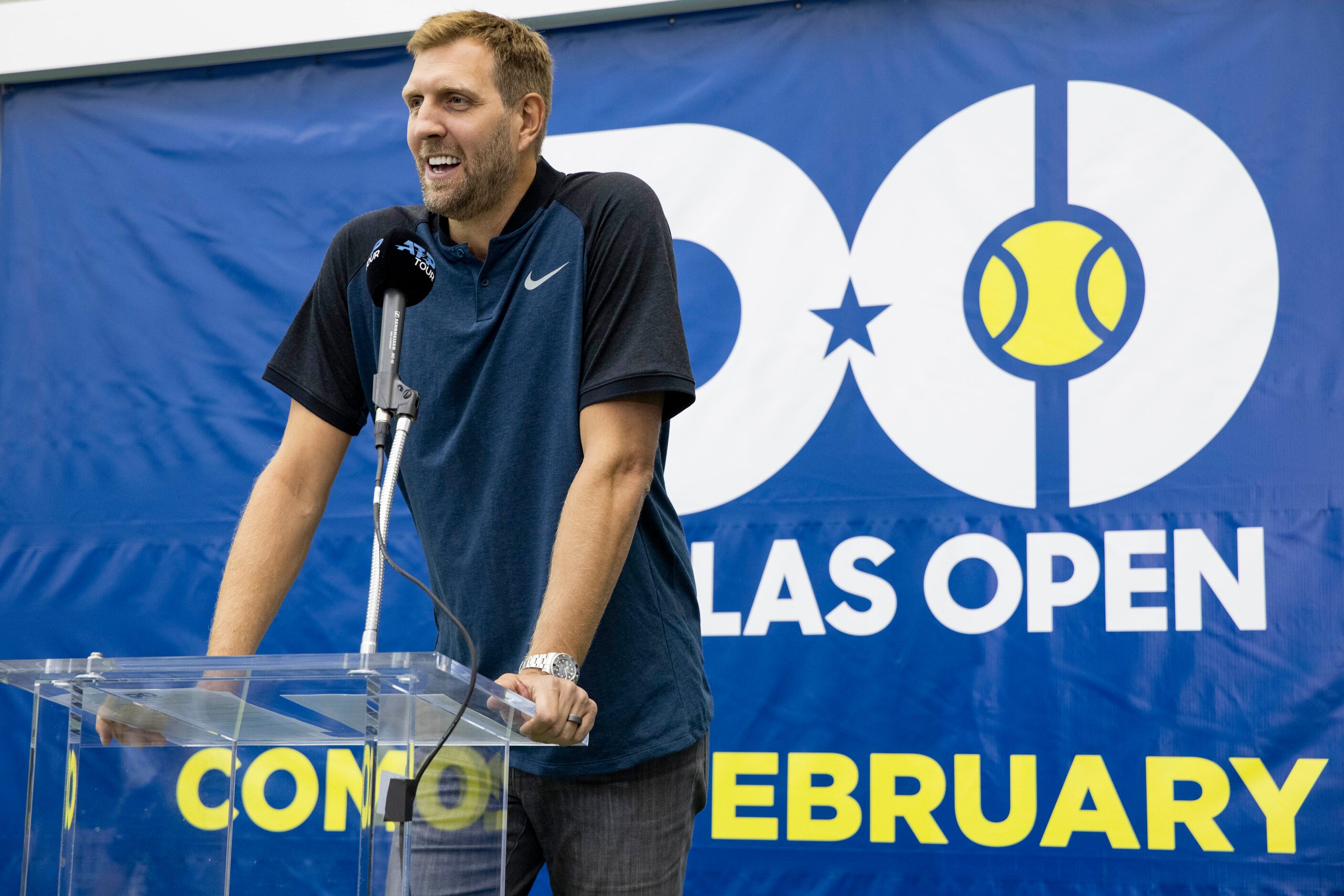 Dallas Mavericks star Dirk Nowitzki speaks during a press conference to announce a new ATP...