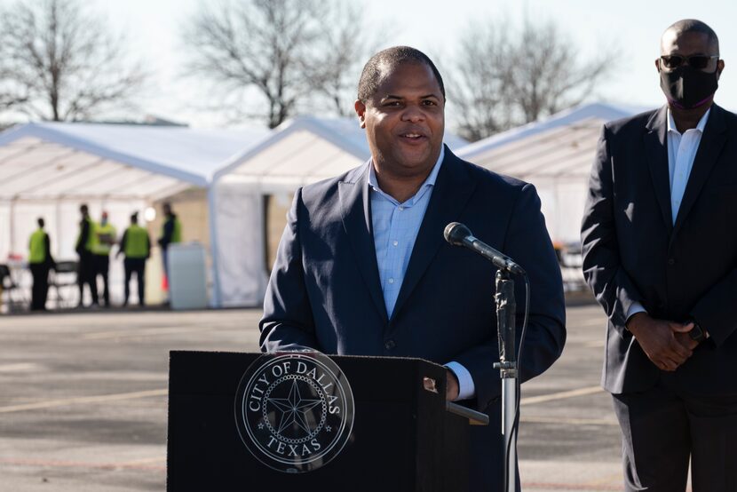 Dallas Mayor Eric Johnson addressed the media at The Potter's House before the city...