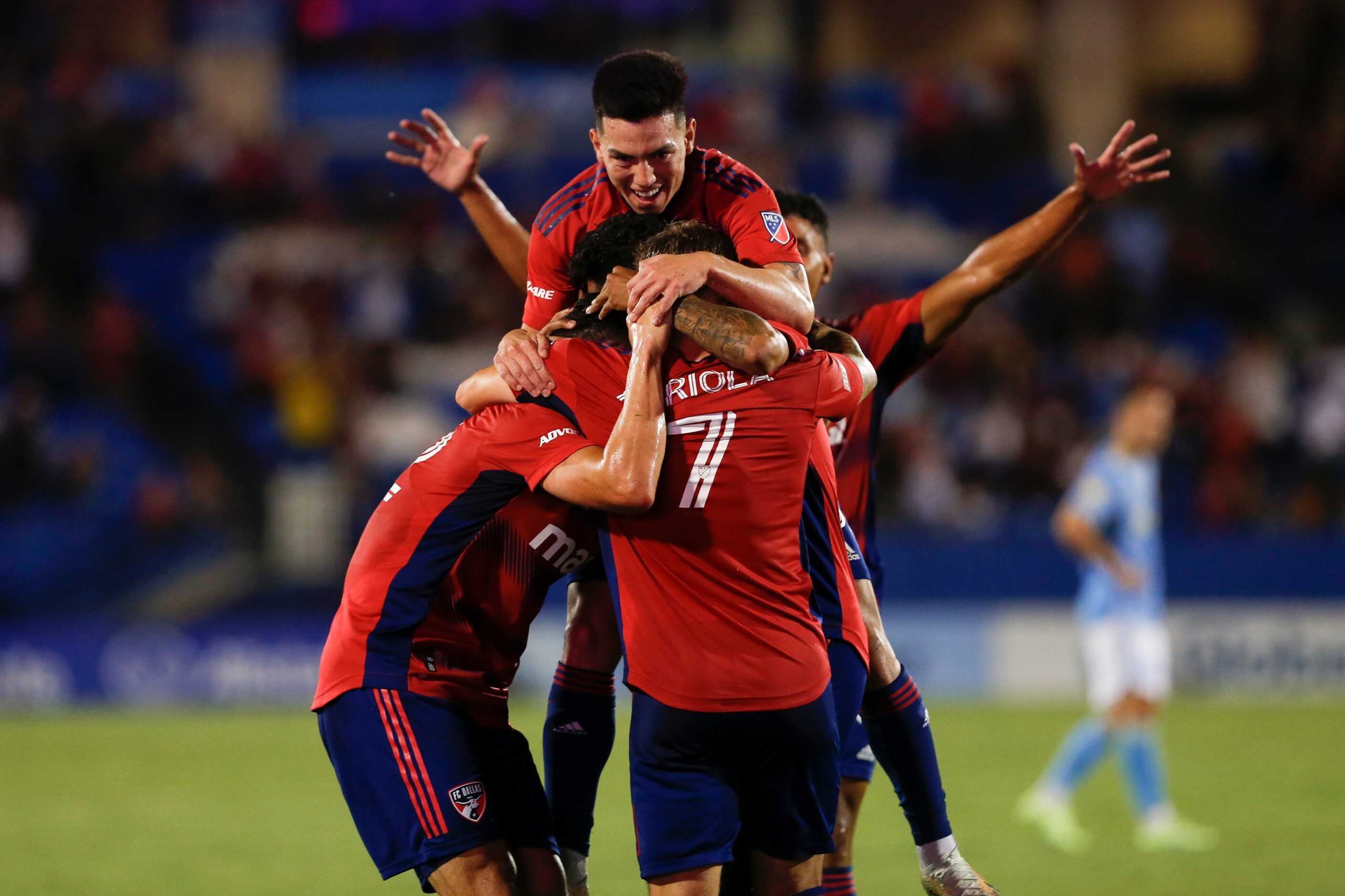 FC Dallas players celebrate FC Dallas forward Jesús Ferreira’s (10) goal during the first...