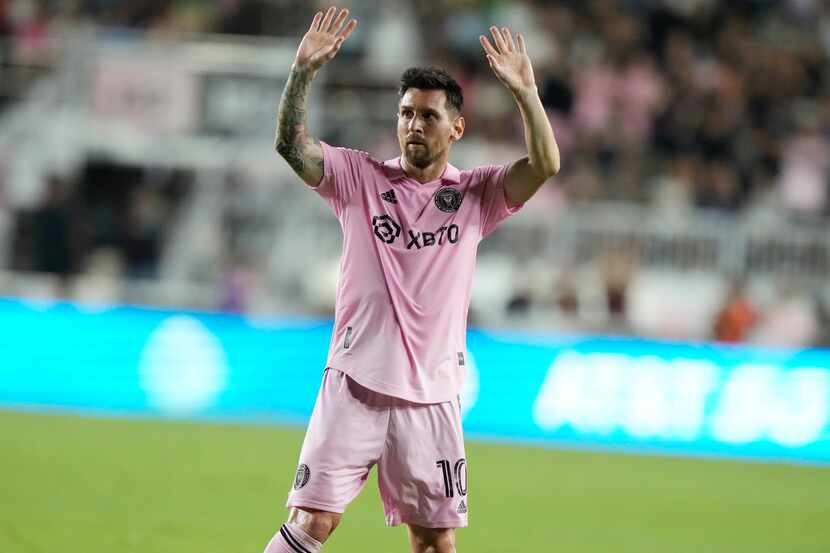 Inter Miami forward Lionel Messi (10) waves as he leaves the game during the second half of...