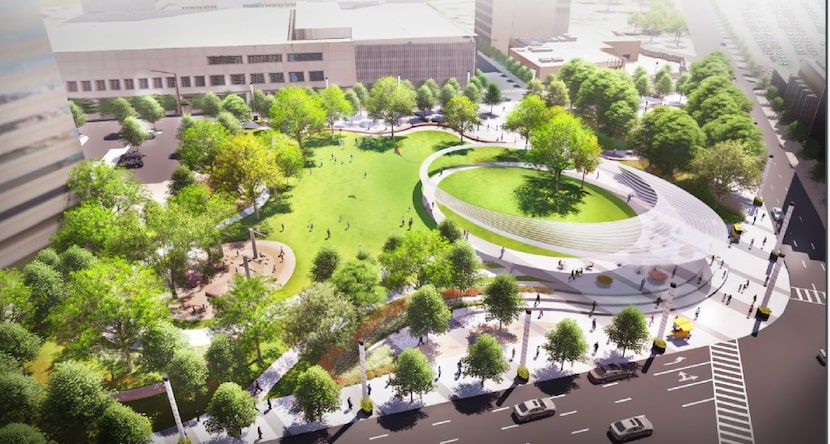 A rendering of Parks for Downtown Dallas' plan for a new park at Pacific Plaza in Downtown...