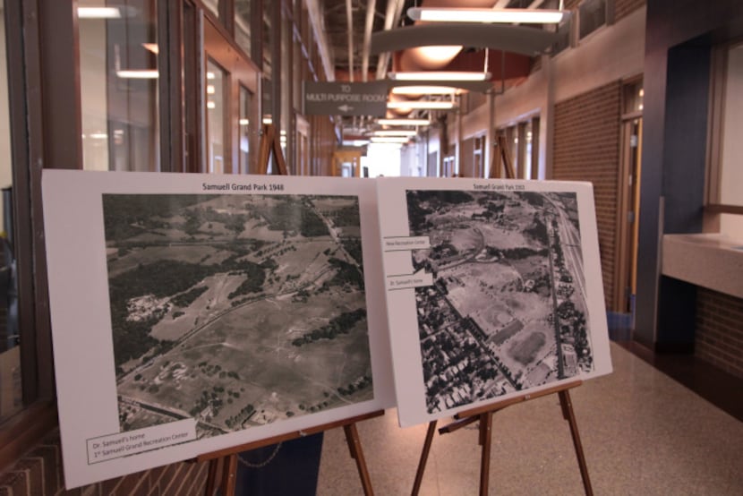 Photos of Samuell Grand Park in 1948 and 1963 stand in the lobby of Samuell-Grand recreation...