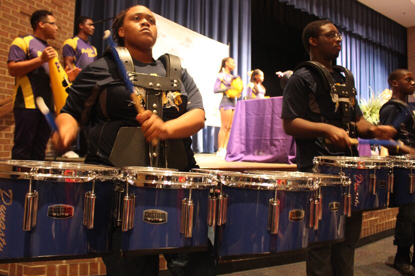 The Prairie View A&M University Marching Storm drumline signaled the announcement in a...