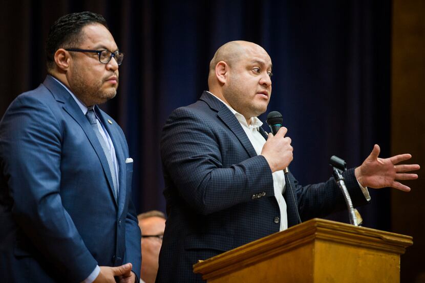 Dallas City Council members Omar Narvaez (left) and Adam Medrano at a town hall meeting on...