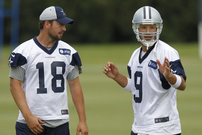 Dallas quarterbacks Kyle Orton (18) and Tony Romo (9) are pictured during Dallas Cowboys...