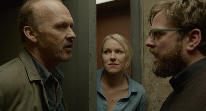 Michael Keaton as Riggan, Naomi Watts as Lesley and Zach Galifianakis as Jake in "Birdman."