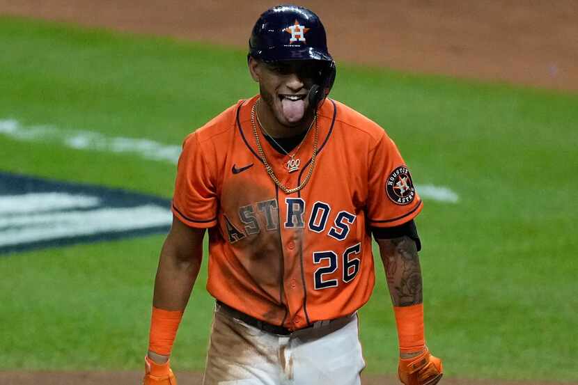 Houston Astros' Jose Siri reacts after striking out during the fourth inning in Game 2 of...